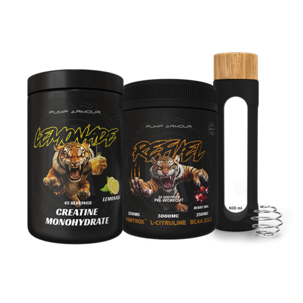 Pump Armour PWO og Kreatin Bundle Deal komplett treningspakke med shaker